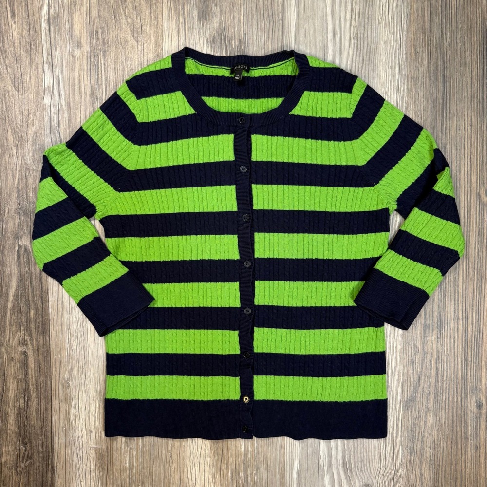 Talbots XL Nautical Prep Navy Blue Lime Green Striped Cable Knit Cotton Cardigan